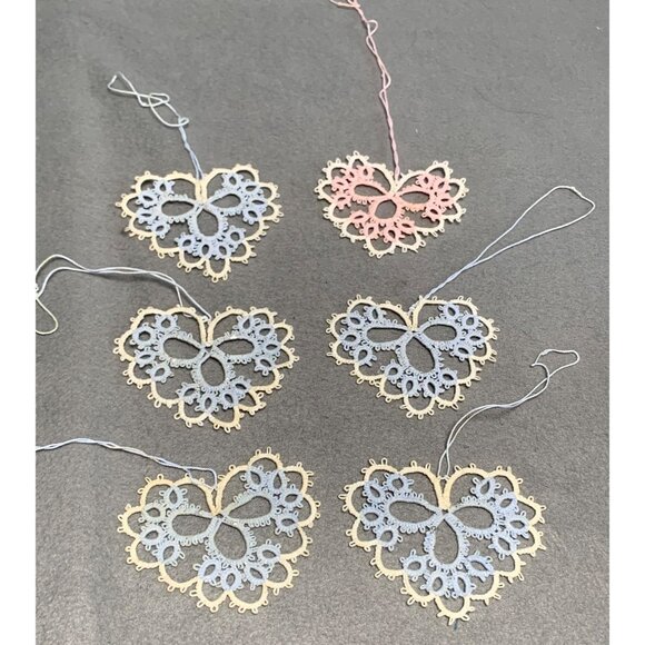 Handmade Tatting Lace Heart Ornaments Set of 6 Embroidered Cotton Decoration - Picture 6 of 7